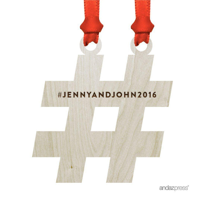 Personalized Laser Engraved Wood Christmas Ornament, Bride and Groom, Hashtag Shape, Custom Name-Set of 1-Andaz Press-