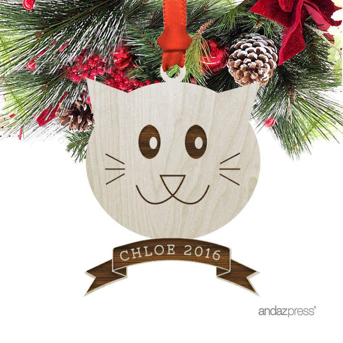 Personalized Laser Engraved Wood Christmas Ornament, Cat Shape, Custom Name-Set of 1-Andaz Press-