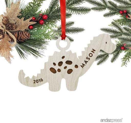 Personalized Laser Engraved Wood Christmas Ornament Dinosaur Shape, Custom Name-Set of 1-Andaz Press-