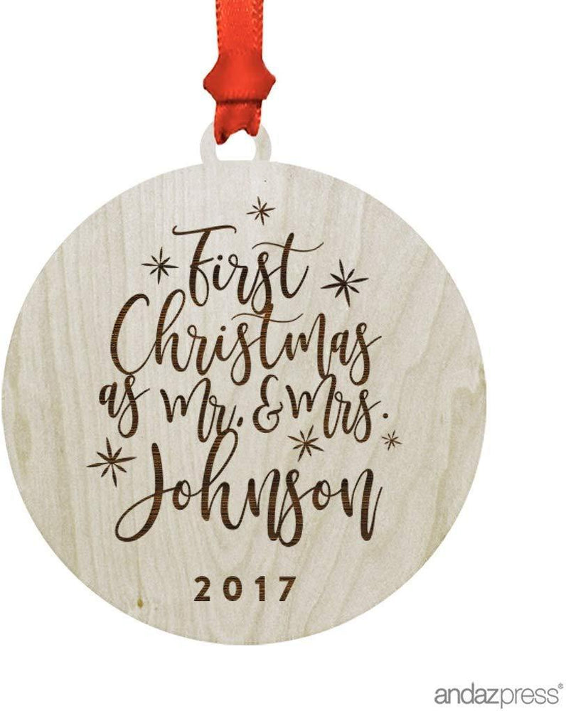 Personalized Laser Engraved Wood Christmas Ornament, First Christmas as Mr. & Mrs., Custom Name, Modern Snowflakes-Set of 1-Andaz Press-