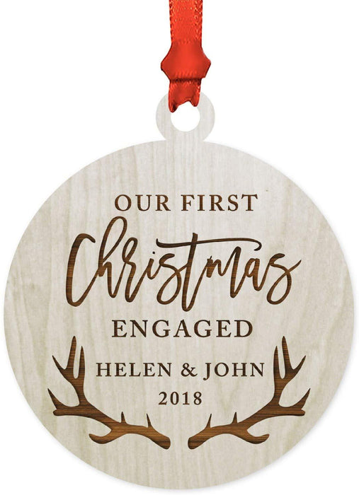 Personalized Laser Engraved Wood Christmas Ornament Our First Christmas Engaged Custom Name Deer Antlers-Set of 1-Andaz Press-