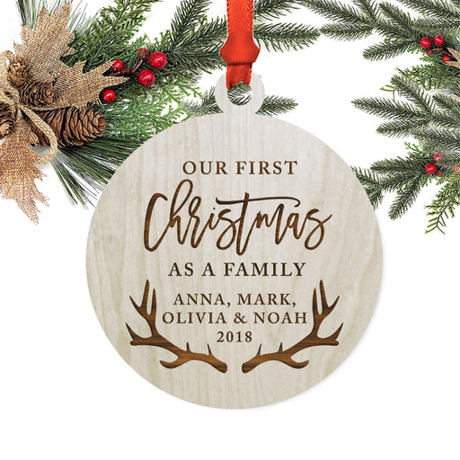 Personalized Laser Engraved Wood Christmas Ornament, Our First Christmas as a Family, Custom Name, Deer Antlers-Set of 1-Andaz Press-