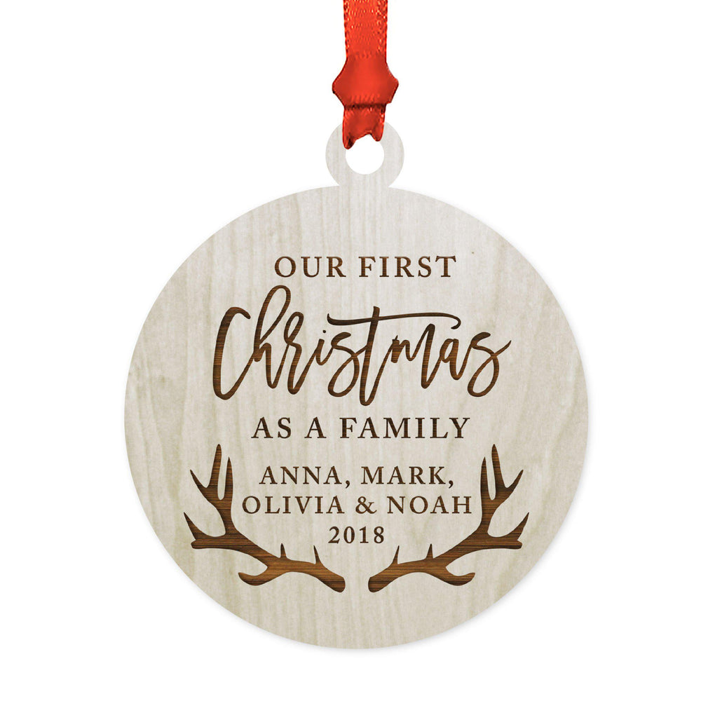 Personalized Laser Engraved Wood Christmas Ornament, Our First Christmas as a Family, Custom Name, Deer Antlers-Set of 1-Andaz Press-