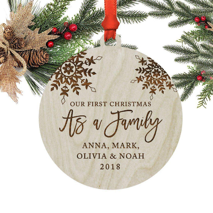 Personalized Laser Engraved Wood Christmas Ornament, Our First Christmas as a Family, Custom Names, Snowflakes-Set of 1-Andaz Press-