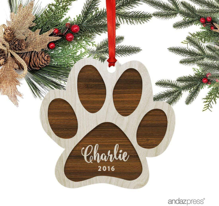 Personalized Laser Engraved Wood Christmas Ornament Pets Christmas Custom Name Pawprint-Set of 1-Andaz Press-