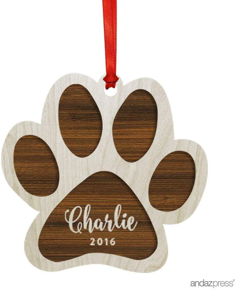 Personalized Laser Engraved Wood Christmas Ornament Pets Christmas Custom Name Pawprint-Set of 1-Andaz Press-