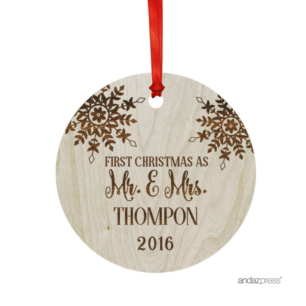 Personalized Laser Engraved Wood Christmas Ornament Round Snowflake with Gift Bag, First Christmas as Mr. & Mrs. 2019-Set of 1-Andaz Press-
