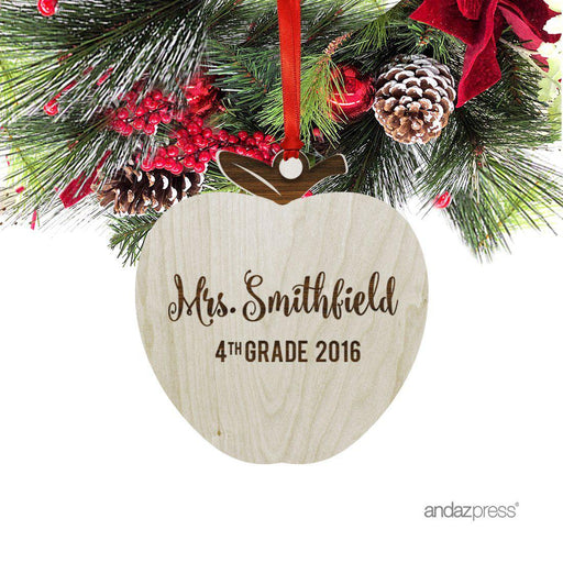 Personalized Laser Engraved Wood Christmas Ornament, Teacher Grade, Custom Name, Apple Shape-Set of 1-Andaz Press-