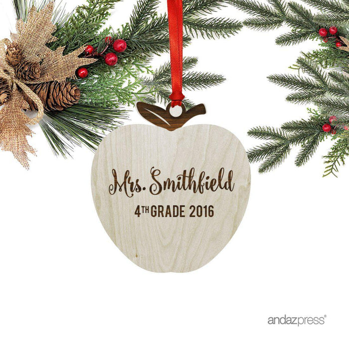 Personalized Laser Engraved Wood Christmas Ornament, Teacher Grade, Custom Name, Apple Shape-Set of 1-Andaz Press-