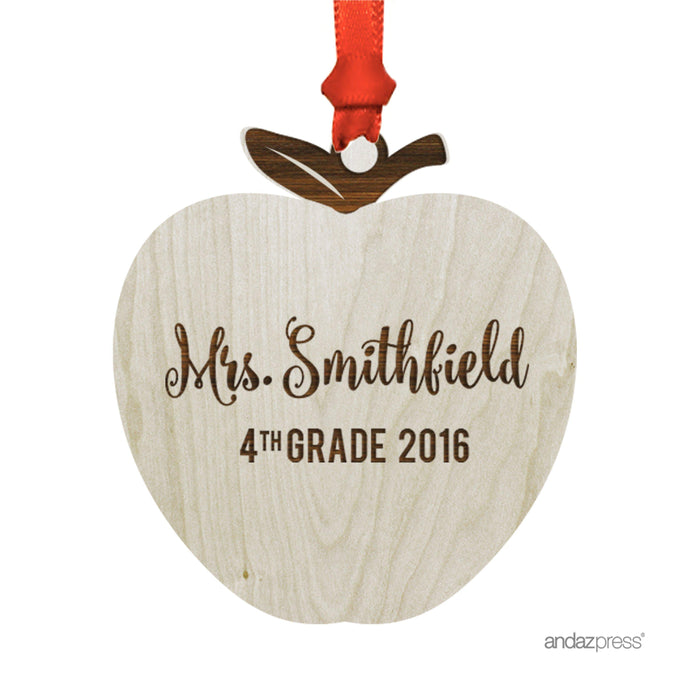Personalized Laser Engraved Wood Christmas Ornament, Teacher Grade, Custom Name, Apple Shape-Set of 1-Andaz Press-