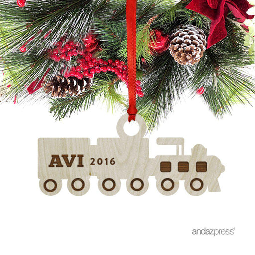 Personalized Laser Engraved Wood Christmas Ornament, Train Shape, Custom Name-Set of 1-Andaz Press-