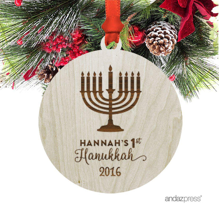 Personalized Laser Engraved Wood Hanukkah Ornament, Baby's First Hanukkah, Custom Name, Menorah-Set of 1-Andaz Press-