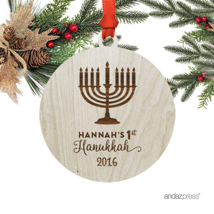 Personalized Laser Engraved Wood Hanukkah Ornament, Baby's First Hanukkah, Custom Name, Menorah-Set of 1-Andaz Press-