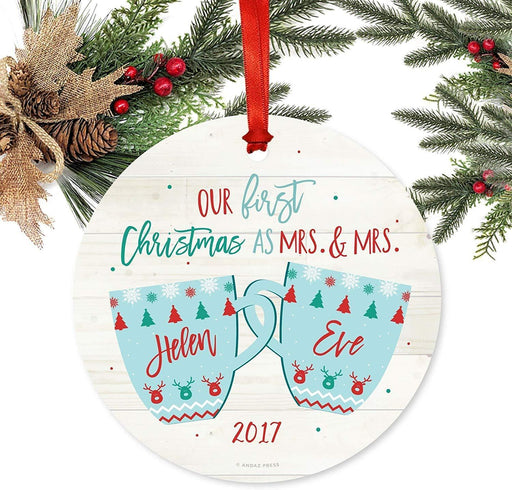 Personalized Lesbian Couple Wedding Metal Christmas Ornament Our First Christmas as Mrs. & Mrs. Xmas Fair Isle Hot Cocoa Mugs-Set of 1-Andaz Press-