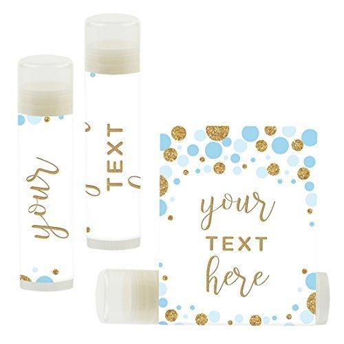 Personalized Lip Balm Party Favors, Your Text Here-Set of 12-Andaz Press-Baby Blue Faux Gold Glitter Confetti Dots-