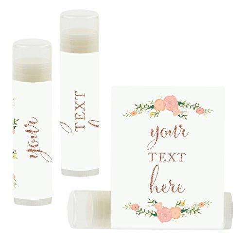 Personalized Lip Balm Party Favors, Your Text Here-Set of 12-Andaz Press-Faux Rose Gold Glitter Print with Florals-