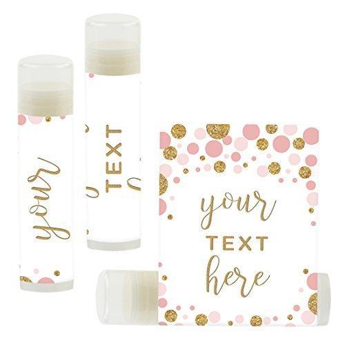 Personalized Lip Balm Party Favors, Your Text Here-Set of 12-Andaz Press-Pink Faux Gold Glitter Confetti Dots-