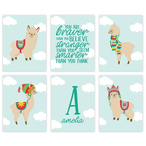 Personalized Llama Theme Nursery Room Hanging Wall Art, Aqua Llama Sky Clouds, You are Braver Than You Believe-Set of 6-Andaz Press-