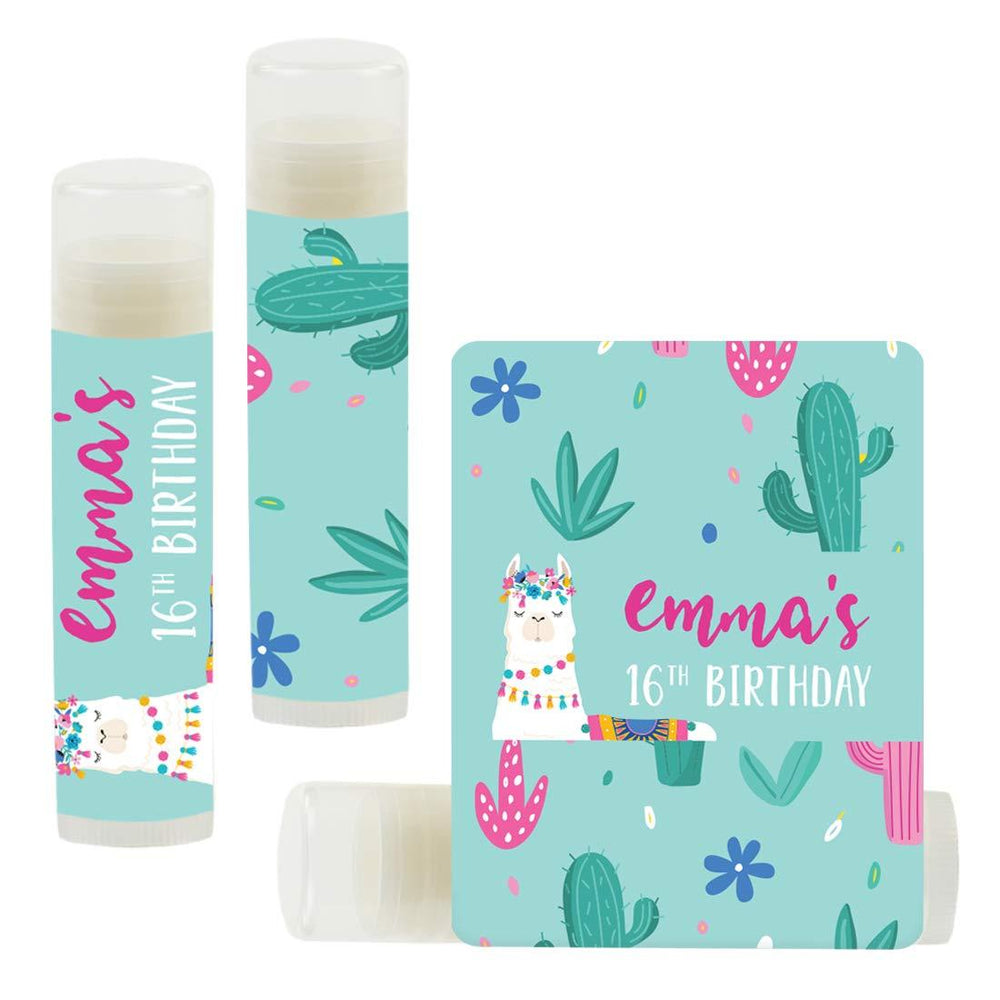 Personalized Llama and Cactus Party 16th Birthday Lip Balm Favors, Custom Name-Set of 12-Andaz Press-