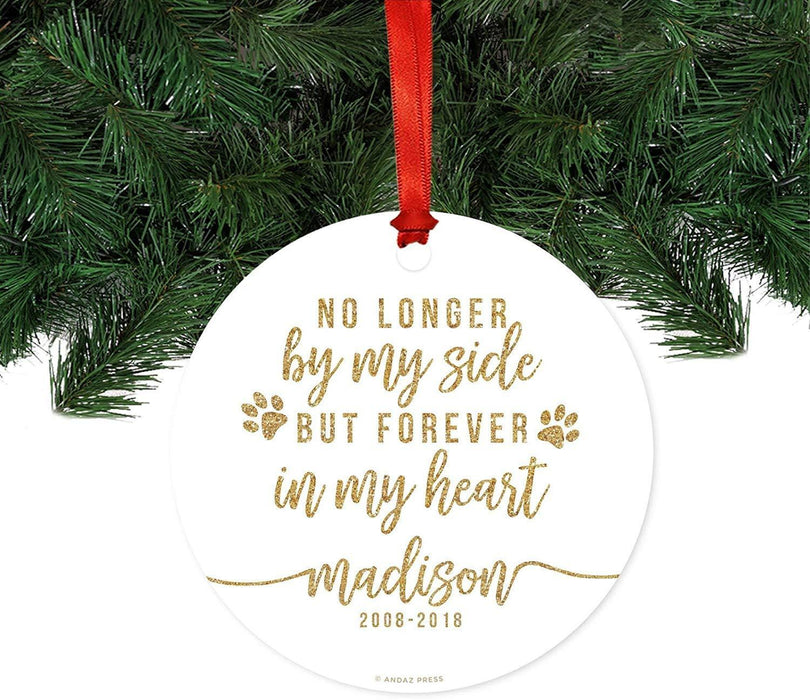 Personalized Memorial Metal Christmas Ornament, No Longer By My Side But Forever in My Heart, Gold Glittering, Custom Name-Set of 1-Andaz Press-
