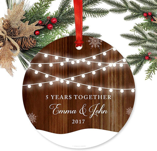Personalized Metal Christmas Ornament, 5 Years Together, Custom Name & Year, Rustic Wood Snow Shining Ball Lights-Set of 1-Andaz Press-