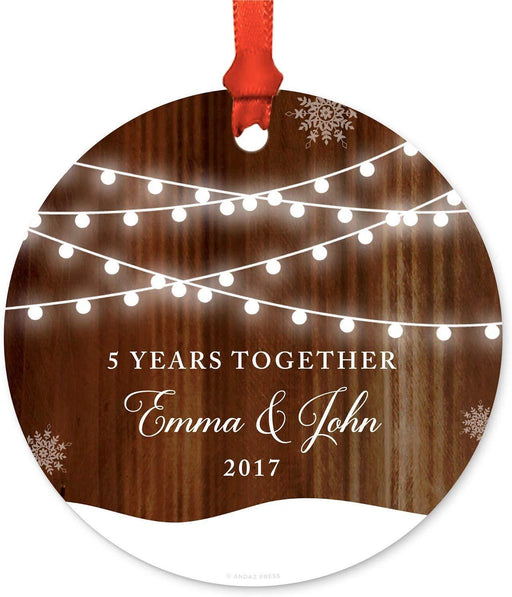 Personalized Metal Christmas Ornament, 5 Years Together, Custom Name & Year, Rustic Wood Snow Shining Ball Lights-Set of 1-Andaz Press-