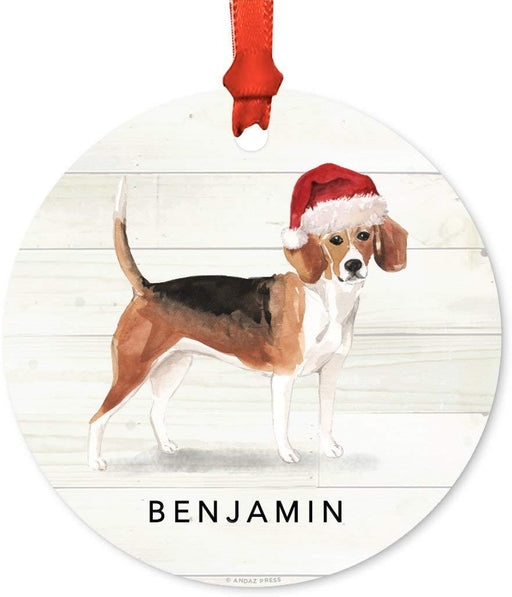 Personalized Metal Christmas Ornament, Beagle with Santa Hat, Custom Name-Set of 1-Andaz Press-