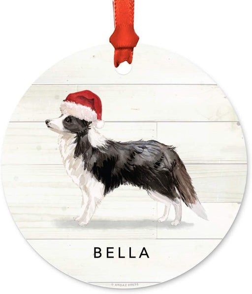 Personalized Metal Christmas Ornament, Border Collie with Santa Hat, Custom Name-Set of 1-Andaz Press-