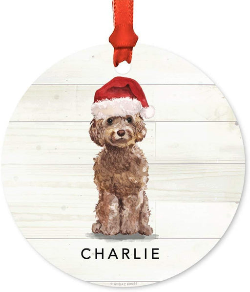 Personalized Metal Christmas Ornament, Brown Cockapoo with Santa Hat, Custom Name-Set of 1-Andaz Press-