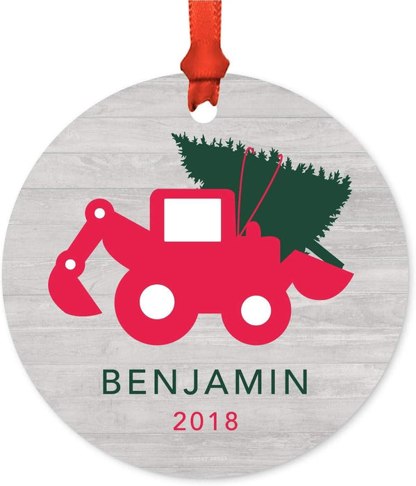 Personalized Metal Christmas Ornament, Construction Digger with Christmas Tree, Custom Name-Set of 1-Andaz Press-