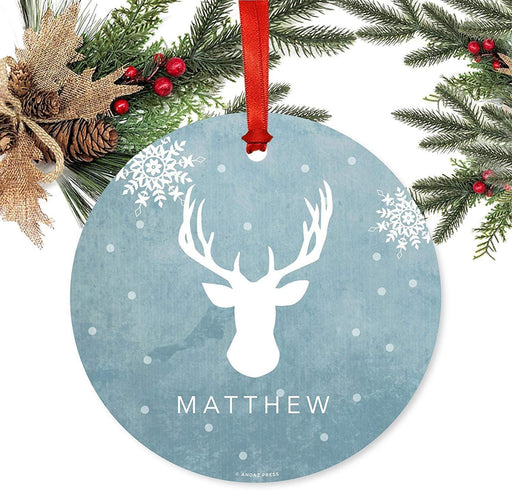 Personalized Metal Christmas Ornament, Custom Name, Blue Winter Wonderland Buck Deer Head with Antlers-Set of 1-Andaz Press-