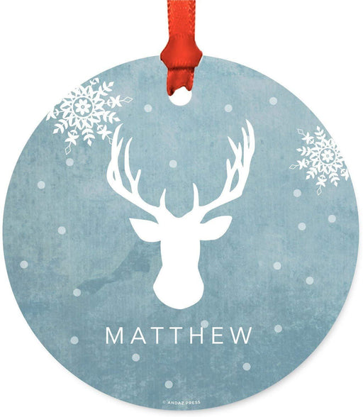 Personalized Metal Christmas Ornament, Custom Name, Blue Winter Wonderland Buck Deer Head with Antlers-Set of 1-Andaz Press-