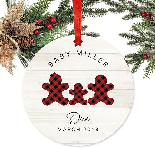 Personalized Metal Christmas Ornament, Custom Name, Month and Year, Lumberjack Buffalo Red Plaid-Set of 1-Andaz Press-
