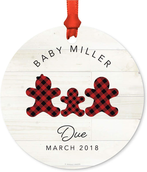 Personalized Metal Christmas Ornament, Custom Name, Month and Year, Lumberjack Buffalo Red Plaid-Set of 1-Andaz Press-