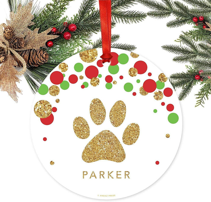 Personalized Metal Christmas Ornament, Custom Name, Red Green Gold Glittering Pawprint-Set of 1-Andaz Press-