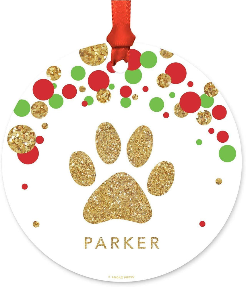 Personalized Metal Christmas Ornament, Custom Name, Red Green Gold Glittering Pawprint-Set of 1-Andaz Press-