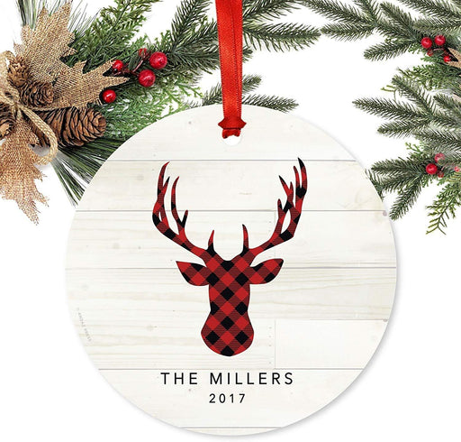 Personalized Metal Christmas Ornament, Custom Name, Red Plaid Buck Deer Head with Antlers-Set of 1-Andaz Press-