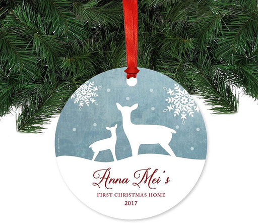 Personalized Metal Christmas Ornament, First Christmas Home, Custom Name & Year, Rustic Deer Winter Snowflakes-Set of 1-Andaz Press-