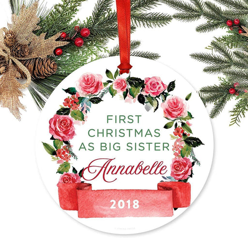 Personalized Metal Christmas Ornament, First Christmas as Big Sister, Custom Name & Year, Red Flowers Banner-Set of 1-Andaz Press-