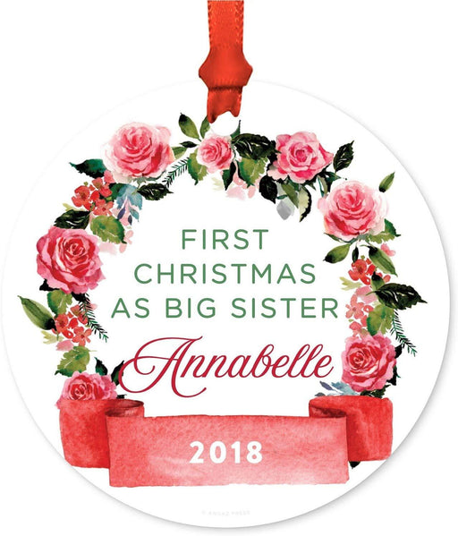 Personalized Metal Christmas Ornament, First Christmas as Big Sister, Custom Name & Year, Red Flowers Banner-Set of 1-Andaz Press-