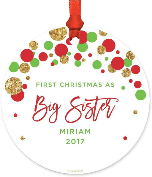 Personalized Metal Christmas Ornament, First Christmas as Big Sister, Custom Name & Year, Red Green Gold Glittering-Set of 1-Andaz Press-