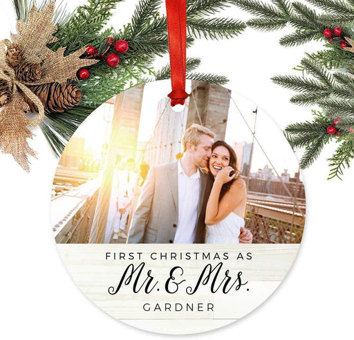 Personalized Metal Christmas Ornament, First Christmas as Mr. and Mrs. Custom Photo, Custom Nam, Light Rustic Wood-Set of 1-Andaz Press-