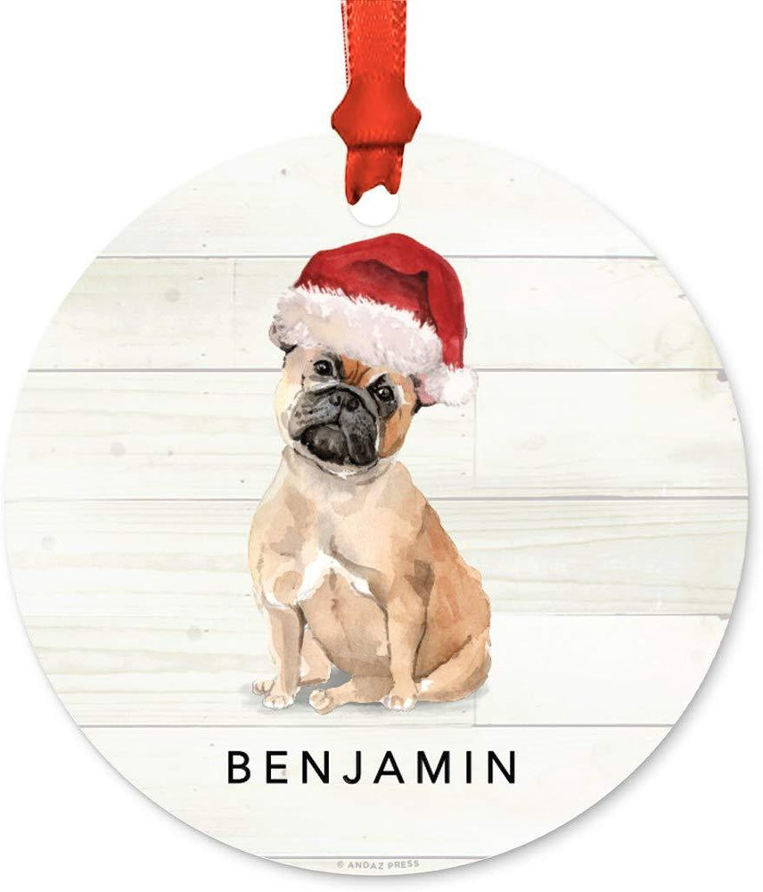 Personalized Metal Christmas Ornament, French Bulldog with Santa Hat, Custom Name-Set of 1-Andaz Press-