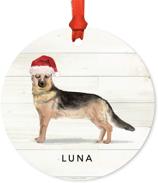 Personalized Metal Christmas Ornament, German Shepherd with Santa Hat, Custom Name-Set of 1-Andaz Press-