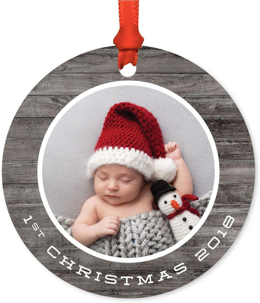 Personalized Metal Christmas Ornament, Gray Rustic Wood, 1st Christmas, Custom Year & Photo-Set of 1-Andaz Press-
