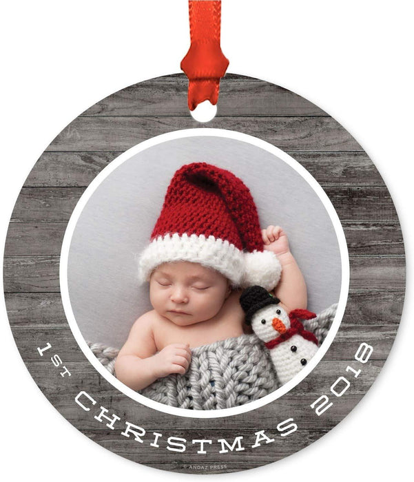 Personalized Metal Christmas Ornament, Gray Rustic Wood, 1st Christmas, Custom Year & Photo-Set of 1-Andaz Press-