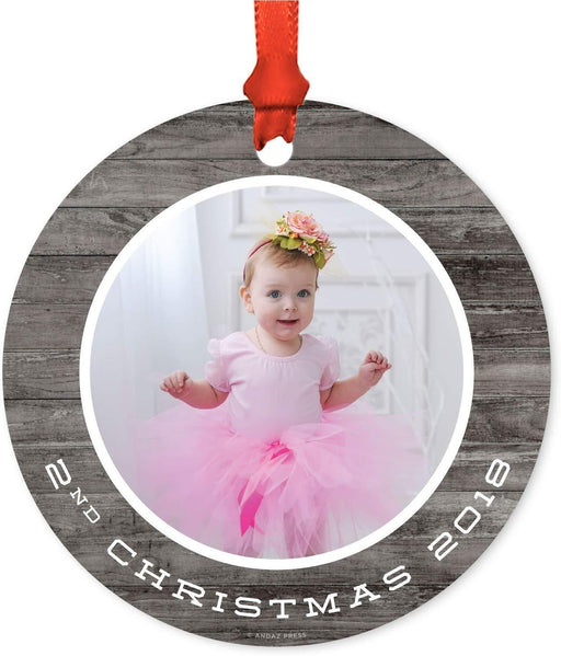 Personalized Metal Christmas Ornament, Gray Rustic Wood, 2nd Christmas, Custom Year & Photo-Set of 1-Andaz Press-