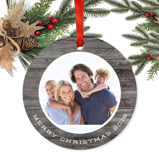 Personalized Metal Christmas Ornament, Gray Rustic Wood, Merry Christmas, Custom Year & Photo-Set of 1-Andaz Press-