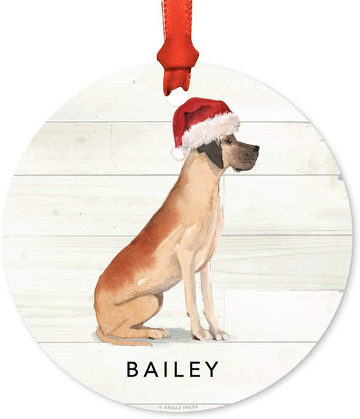 Personalized Metal Christmas Ornament, Great Dane with Santa Hat, Custom Name-Set of 1-Andaz Press-
