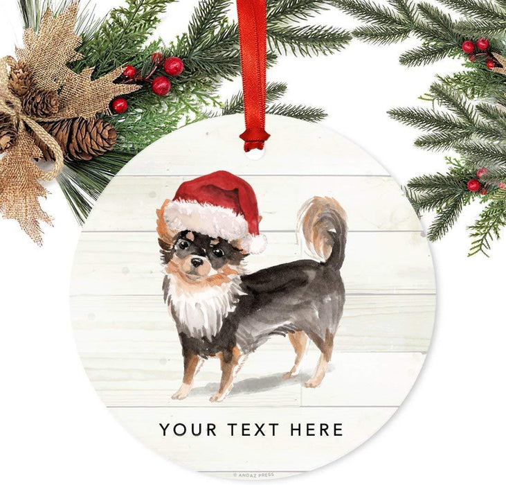 Personalized Metal Christmas Ornament, Long Haired Chihuahua with Santa Hat, Custom Name-Set of 1-Andaz Press-